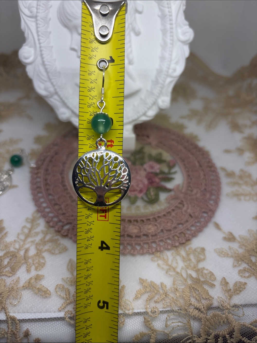 Handmade 925 Sterling Silver Tree of Life Green Agate Dangle Earrings Artisan - Picture 6 of 6